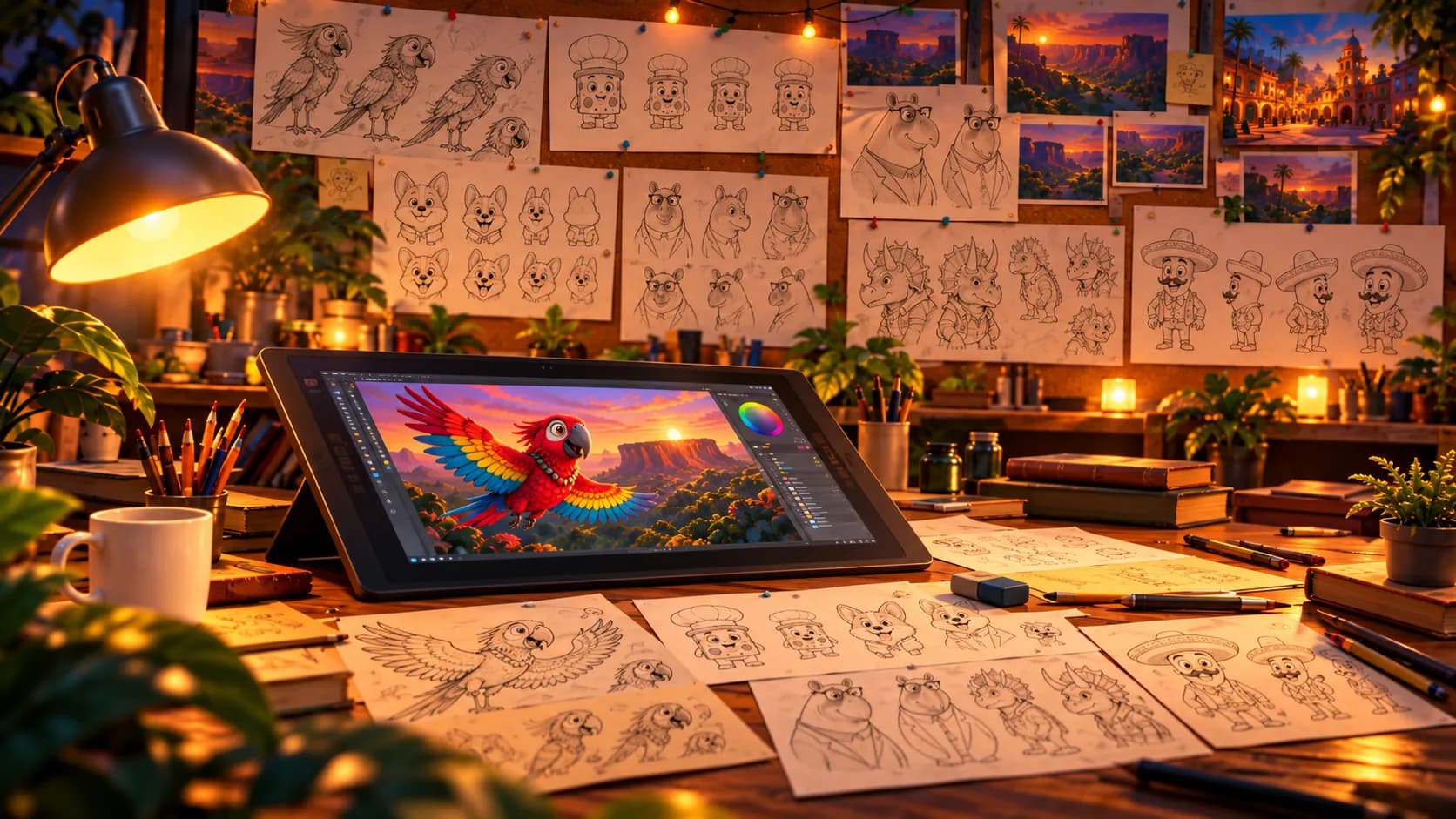 Mesa de animación con bocetos de Guaca y una tableta con su ilustración